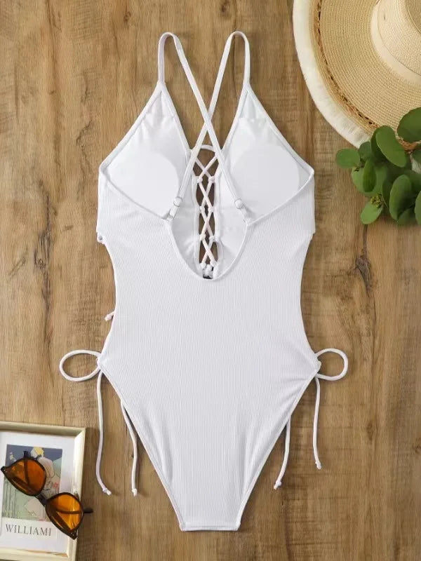 Aoaiiys Maillot de bain dos nu pour femme, monokini ajouré, lacé, string sexy, été 2025, plage, couleur unie, tendance