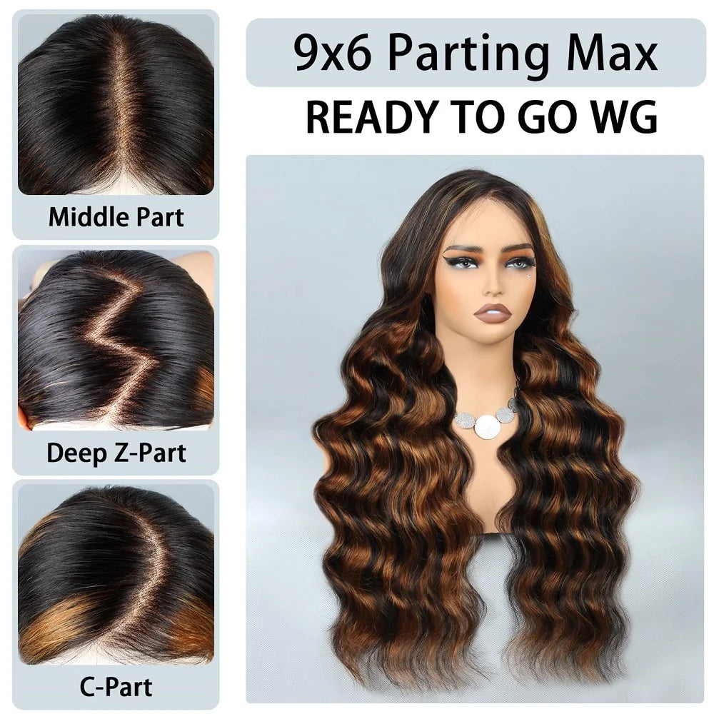 Perruques sans colle 9x6 Wear and Go en cheveux humains pré-épilés, pré-coupés, dentelle frontale 1B/30, mèches ombrées, ondulées