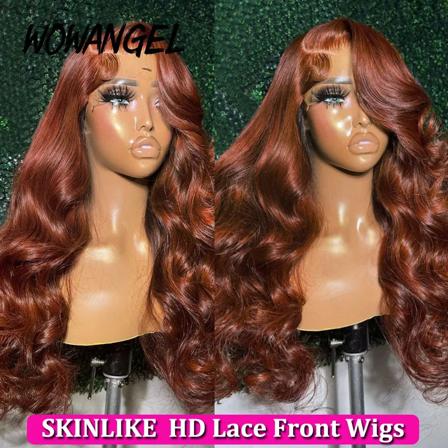 Perruques Body Wave 30 pouces, perruques frontales en dentelle HD 13x6, perruques de couleur brun rougeâtre, perruques frontales en dentelle transparente HD prédécoupées