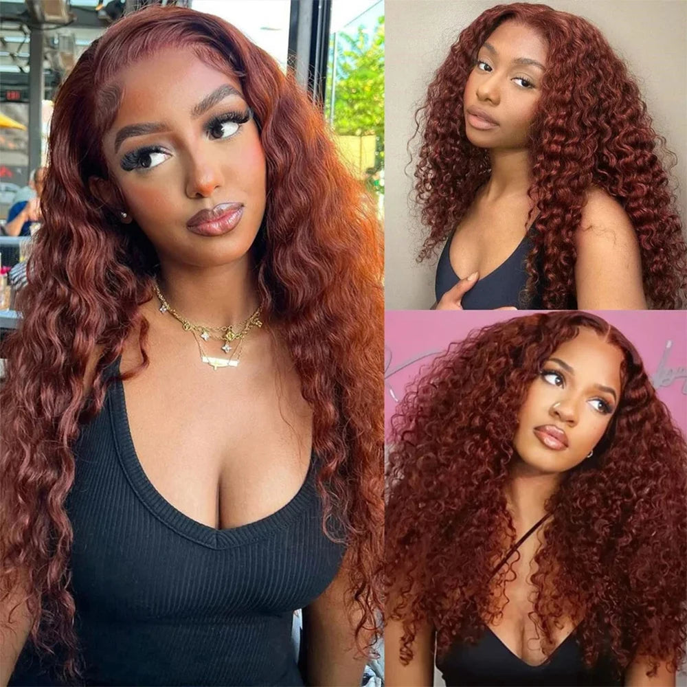 Perruque Lace Frontal Wig 220 % Deep Wave sans colle, cheveux humains bouclés, brun rougeâtre, 13x4, 7x5, pré-épilée, pré-coupée, pour femmes