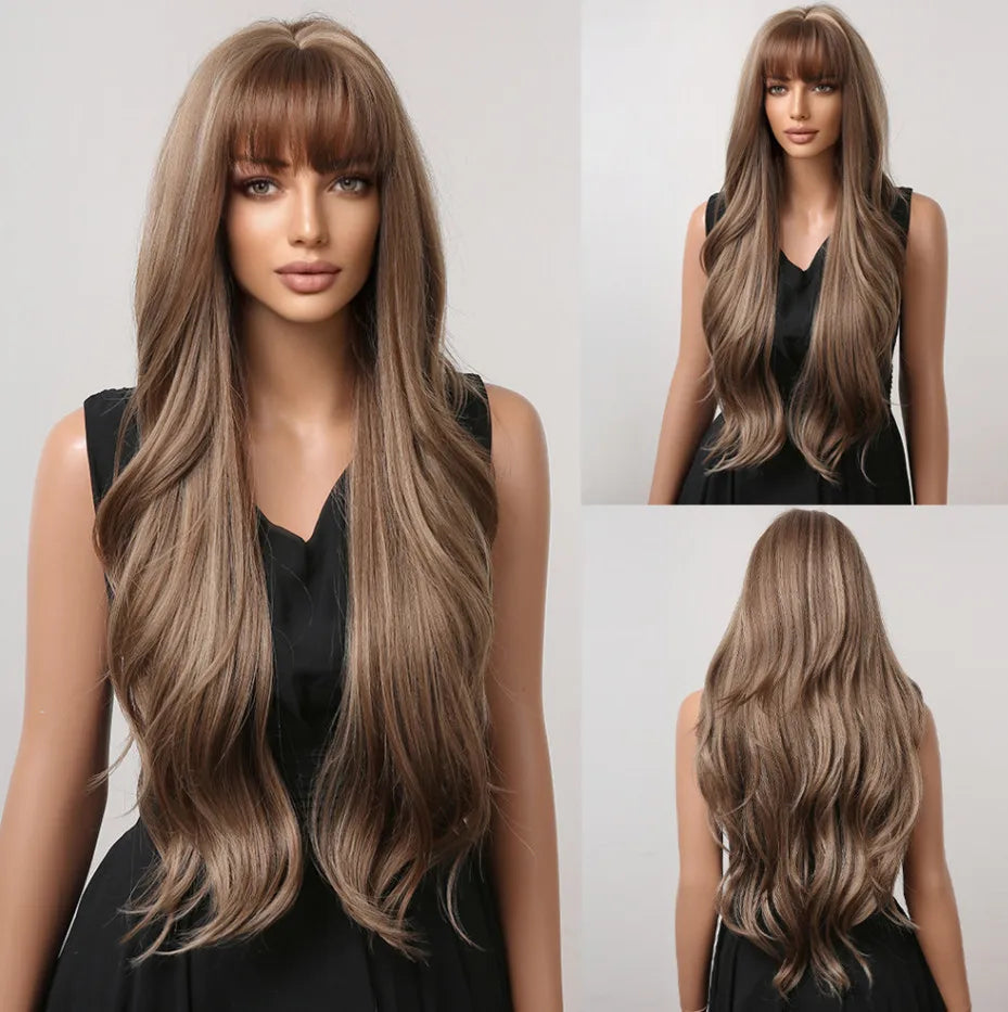 Perruques synthétiques longues ondulées bordeaux pour femmes, perruque rouge ombrée avec frange, faux cheveux naturels en fibre douce, résistante à la chaleur