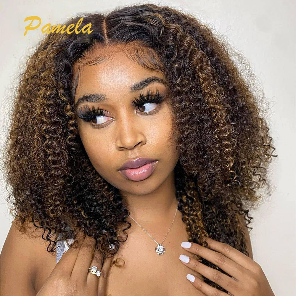 Perruques de cheveux humains courts bouclés sans colle, blond ombré, densité 250 %, perruques de princesse prêtes à porter avec dentelle frontale
