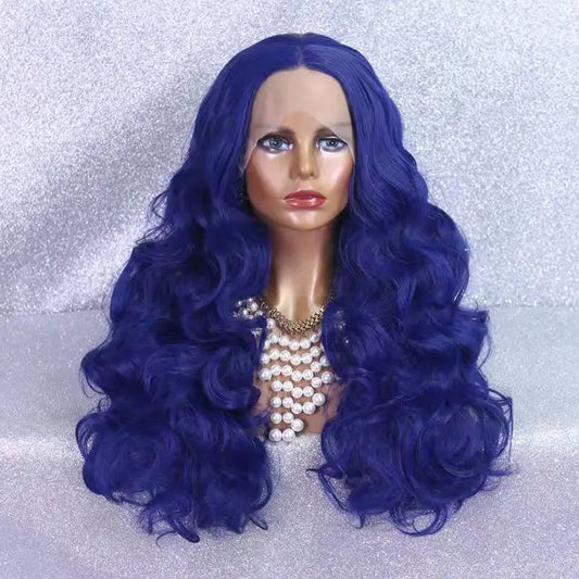 Perruque synthétique bouclée longue bleue, perruque sans colle de haute qualité, perruque frontale en dentelle bleu foncé pour femmes, perruques de cosplay haute densité