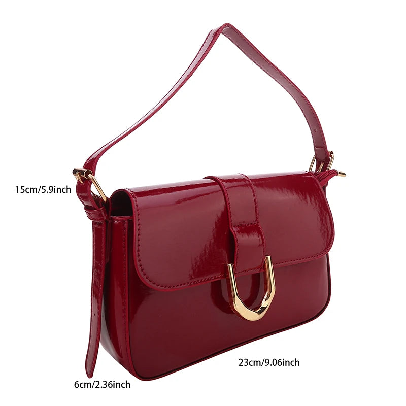Sac à bandoulière rétro en cuir verni pour femme, sac à bandoulière à rabat de luxe, sac sous les bras de couleur unie, sac à bandoulière rouge pour femme
