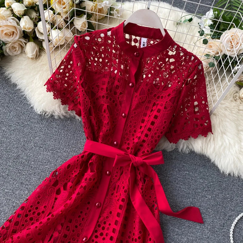 Robe vintage française en dentelle à col rond et manches courtes, style décontracté, à la mode, printemps/été