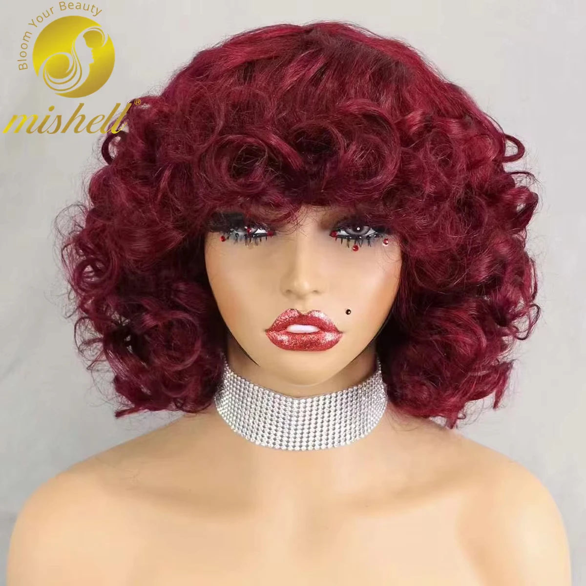Perruques de cheveux humains bouclés et rebondissants bordeaux 99J #, densité 200 %, avec frange, courtes, bouclées et lâches, fabriquées à la machine, pré-épilées pour femmes