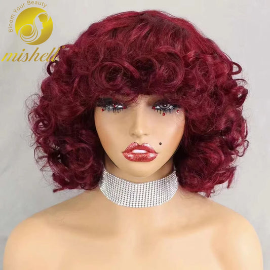 Perruques de cheveux humains bouclés et rebondissants bordeaux 99J #, densité 200 %, avec frange, courtes, bouclées et lâches, fabriquées à la machine, pré-épilées pour femmes