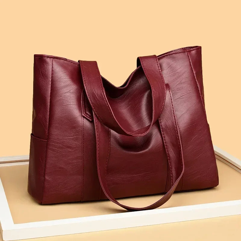 Grand sac cartable en cuir souple pour femme, classique, couleur unie, simple, décontracté, grande capacité, fourre-tout, sac à bandoulière simple