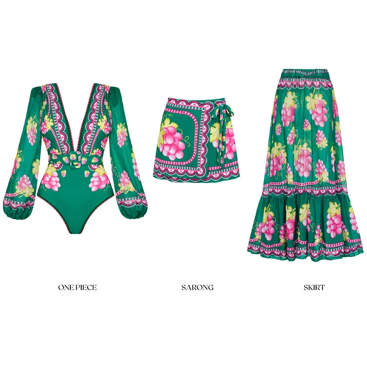 Maillot de bain une pièce à manches longues et jupe pour femme, imprimé vert jungle, 2025