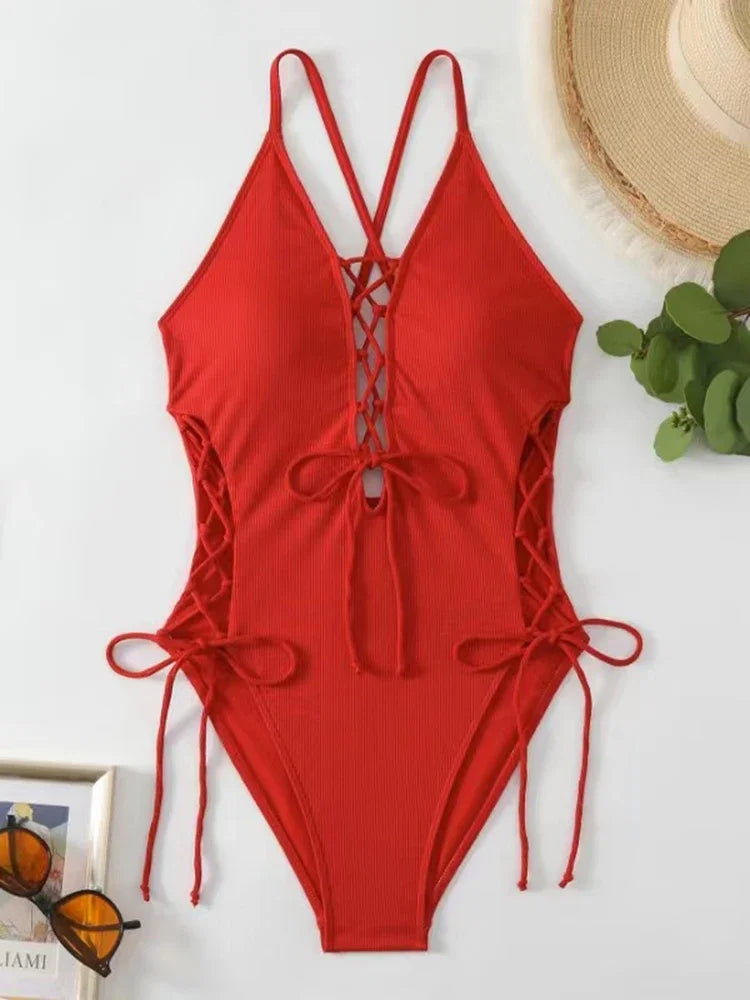 Aoaiiys Maillot de bain dos nu pour femme, monokini ajouré, lacé, string sexy, été 2025, plage, couleur unie, tendance