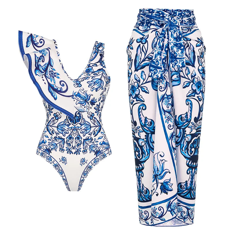 Maillot de bain et paréo imprimé vintage Flaxmaker 2025 pour femmes, élégant, sans manches, pour l'été