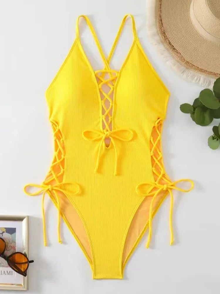 Aoaiiys Maillot de bain dos nu pour femme, monokini ajouré, lacé, string sexy, été 2025, plage, couleur unie, tendance