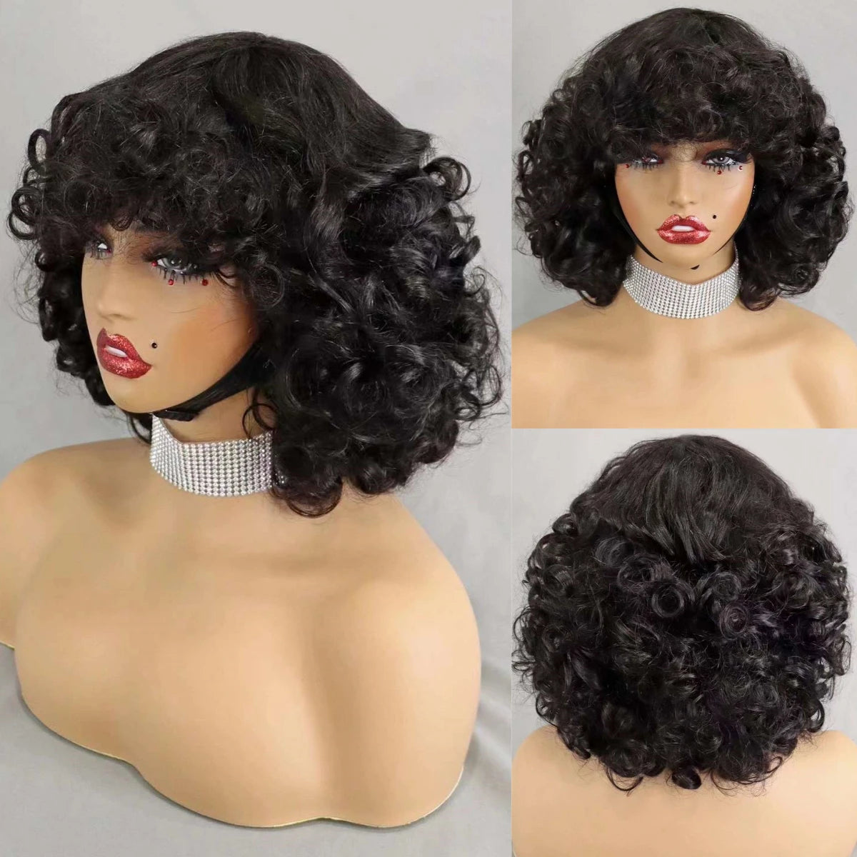 Perruques de cheveux humains bouclés et rebondissants bordeaux 99J #, densité 200 %, avec frange, courtes, bouclées et lâches, fabriquées à la machine, pré-épilées pour femmes
