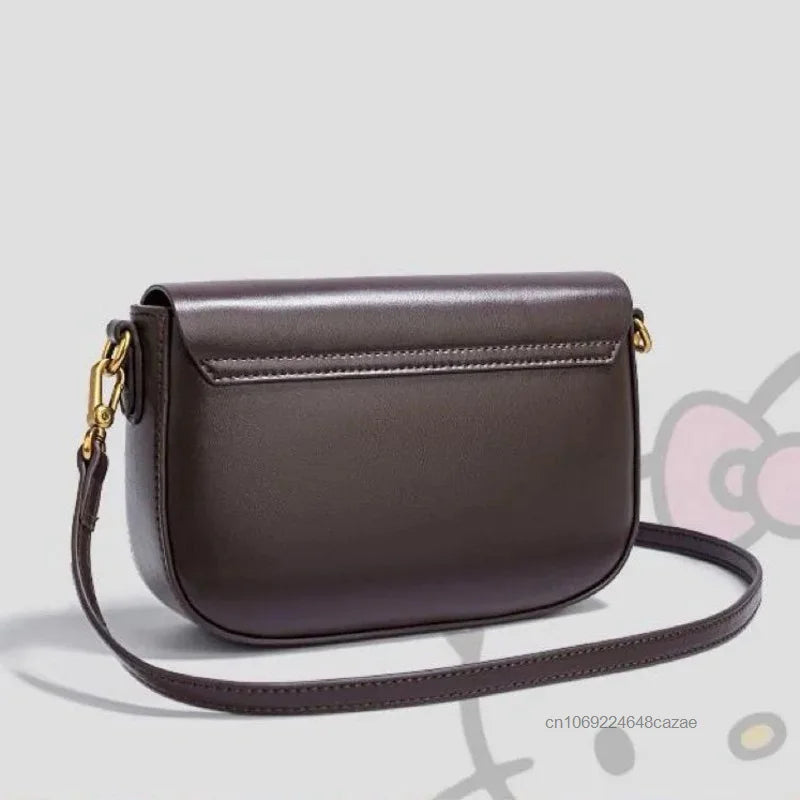 Sanrio Hello Kitty 2025 Nouveau sac à main carré en cuir souple pour femme, petit sac à main polyvalent de luxe marron clair