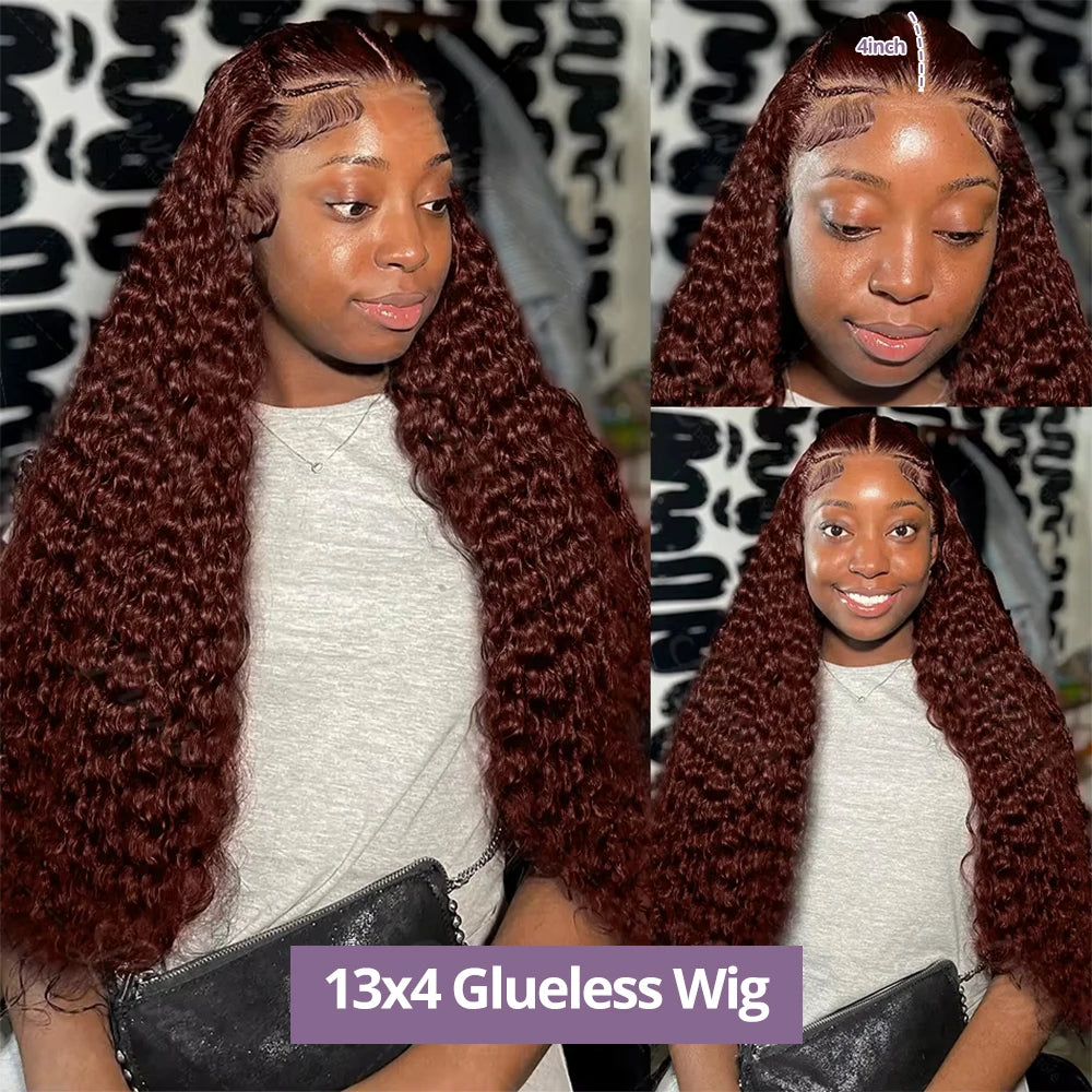 Perruque Lace Frontal Wig 220 % Deep Wave sans colle, cheveux humains bouclés, brun rougeâtre, 13x4, 7x5, pré-épilée, pré-coupée, pour femmes