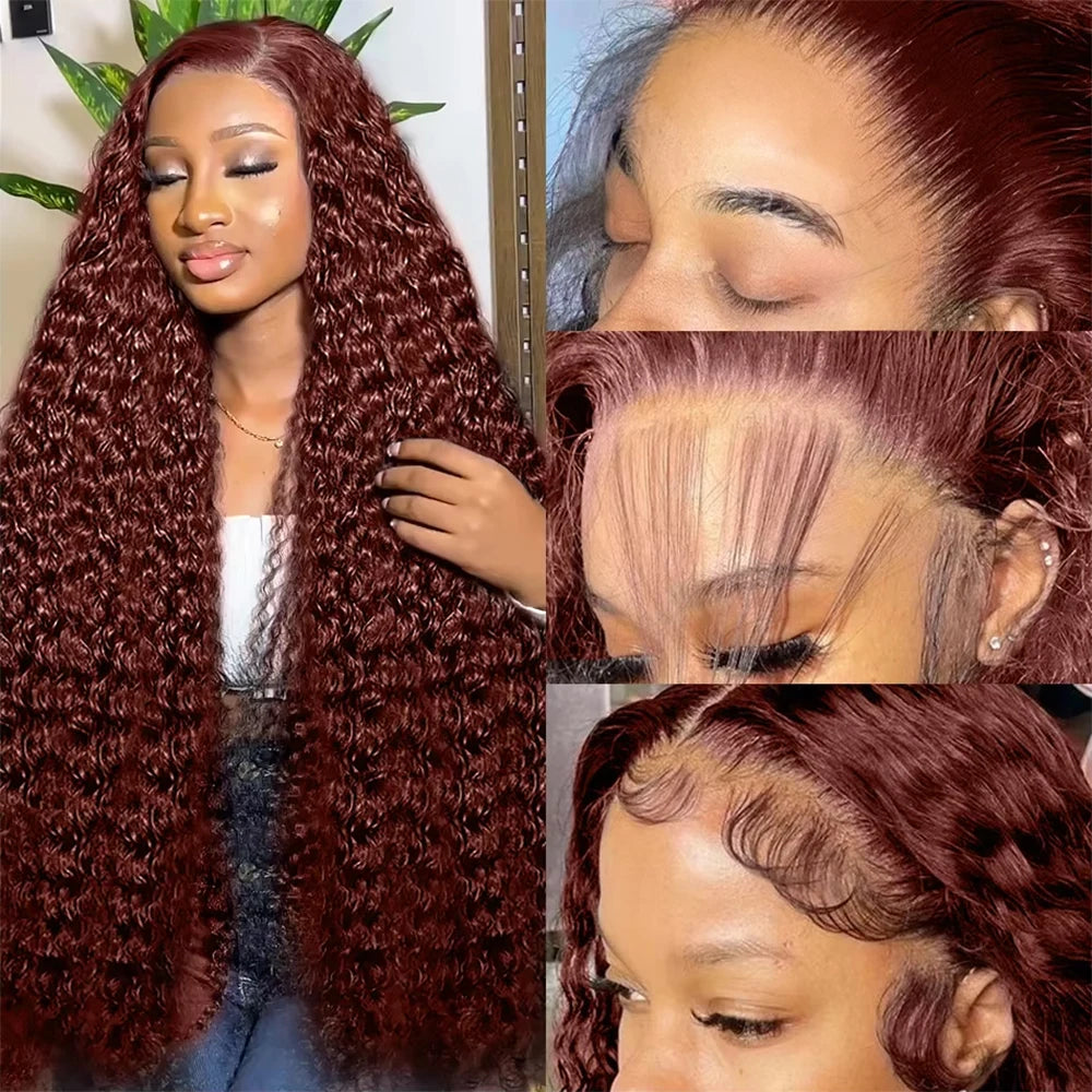 Perruque Lace Frontal Wig 220 % Deep Wave sans colle, cheveux humains bouclés, brun rougeâtre, 13x4, 7x5, pré-épilée, pré-coupée, pour femmes