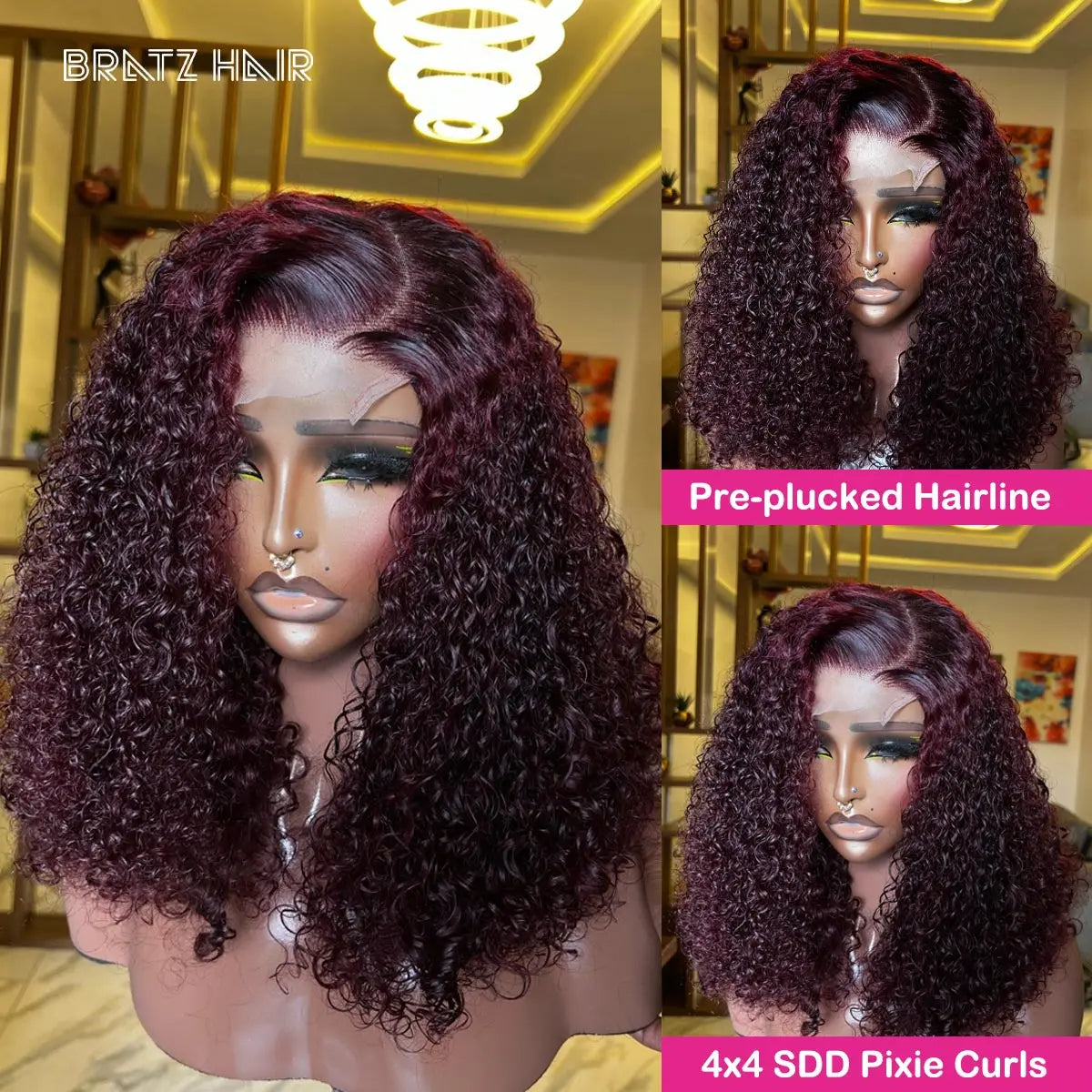 Perruque sans colle haute densité couleur bordeaux 400, 100 % cheveux humains, frisés, 13x6, avec dentelle frontale, brésilienne, pré-épilée, couleur bordeaux 99J