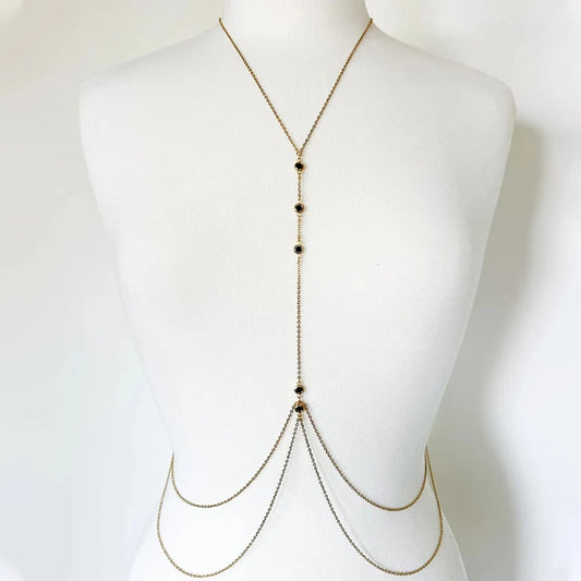 Rave – Chaîne de soutien-gorge ronde noire en cristal pour femme, accessoire de corps, simple, strass, sexy, chaîne de poitrine, lingerie, bijoux de fête, 2024
