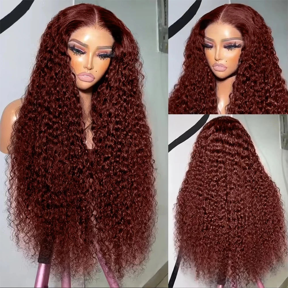 Perruque Lace Frontal Wig 220 % Deep Wave sans colle, cheveux humains bouclés, brun rougeâtre, 13x4, 7x5, pré-épilée, pré-coupée, pour femmes