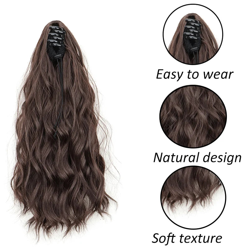 Extension capillaire synthétique courte ondulée de 35 cm, queue de cheval blonde et brune, à clipser, pour femme