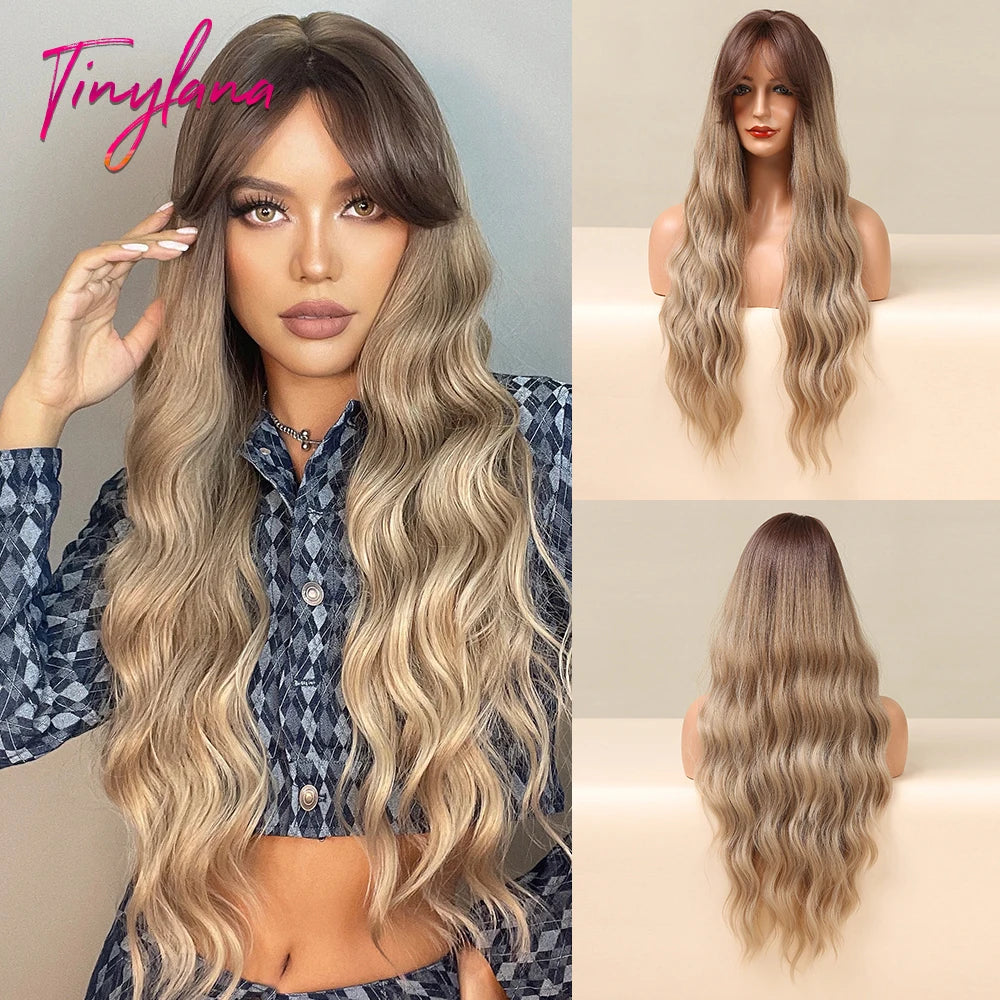 Perruques synthétiques longues bouclées gris cendré platine avec frange pour femmes, perruque afro ondulée profonde, perruque Lolita Cosplay, cheveux naturels résistants à la chaleur