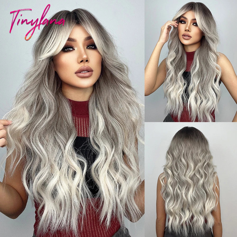 Perruques synthétiques longues bouclées gris cendré platine avec frange pour femmes, perruque afro ondulée profonde, perruque Lolita Cosplay, cheveux naturels résistants à la chaleur