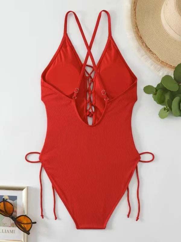 Aoaiiys Maillot de bain dos nu pour femme, monokini ajouré, lacé, string sexy, été 2025, plage, couleur unie, tendance