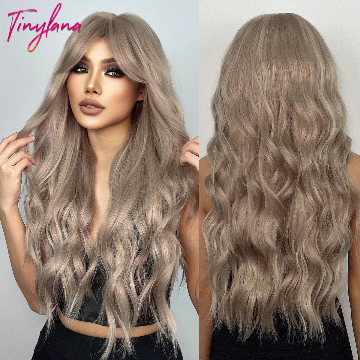 Perruques synthétiques longues bouclées gris cendré platine avec frange pour femmes, perruque afro ondulée profonde, perruque Lolita Cosplay, cheveux naturels résistants à la chaleur