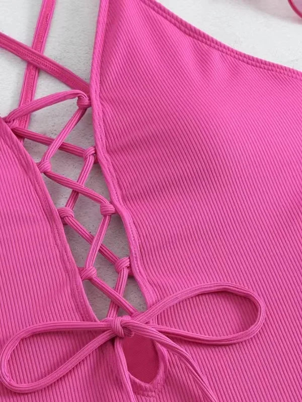 Aoaiiys Maillot de bain dos nu pour femme, monokini ajouré, lacé, string sexy, été 2025, plage, couleur unie, tendance