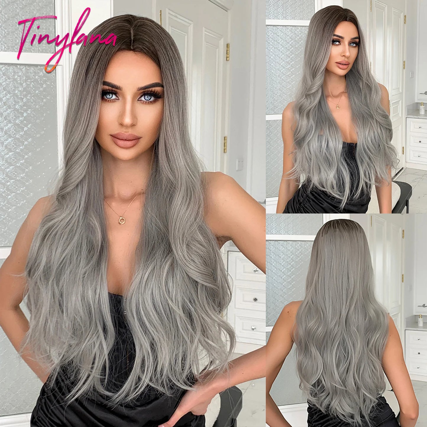 Perruques synthétiques longues bouclées gris cendré platine avec frange pour femmes, perruque afro ondulée profonde, perruque Lolita Cosplay, cheveux naturels résistants à la chaleur