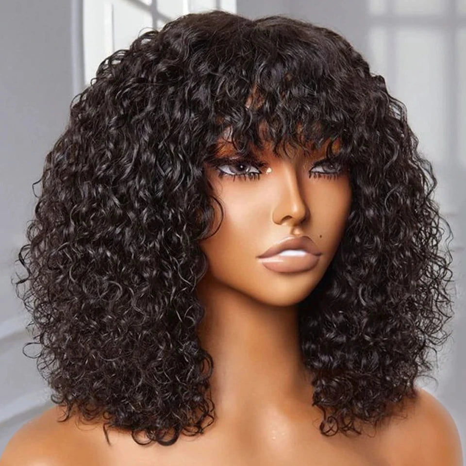 Perruques Bob brésiliennes Jerry Curl avec frange pour femmes noires, superbes perruques Remy noires foncées fabriquées à la machine à bas prix