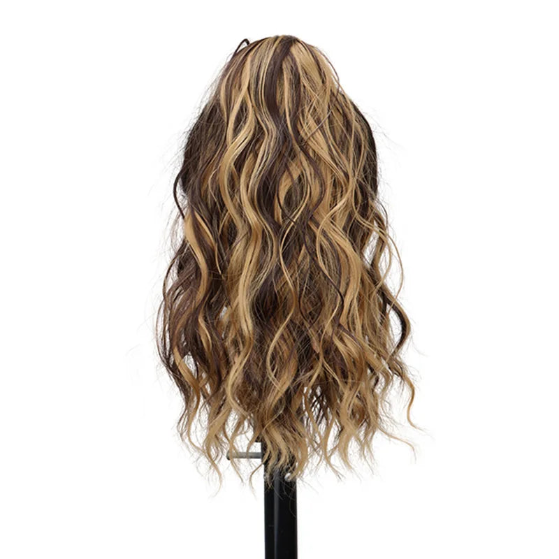 Extension capillaire synthétique courte ondulée de 35 cm, queue de cheval blonde et brune, à clipser, pour femme