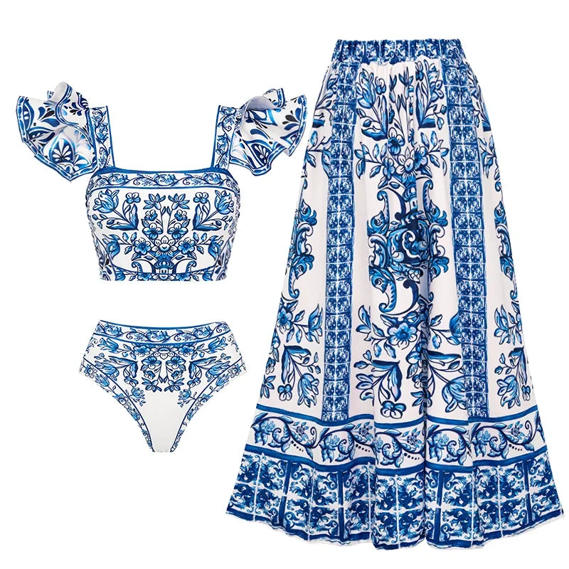 Maillot de bain et paréo imprimé vintage Flaxmaker 2025 pour femmes, élégant, sans manches, pour l'été