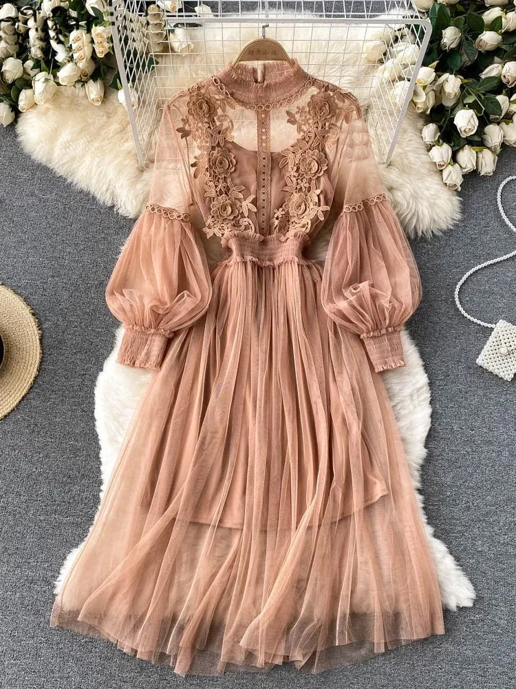 Robe pour femme, motif floral tridimensionnel, col montant, manches lanternes, taille haute, coupe ajustée