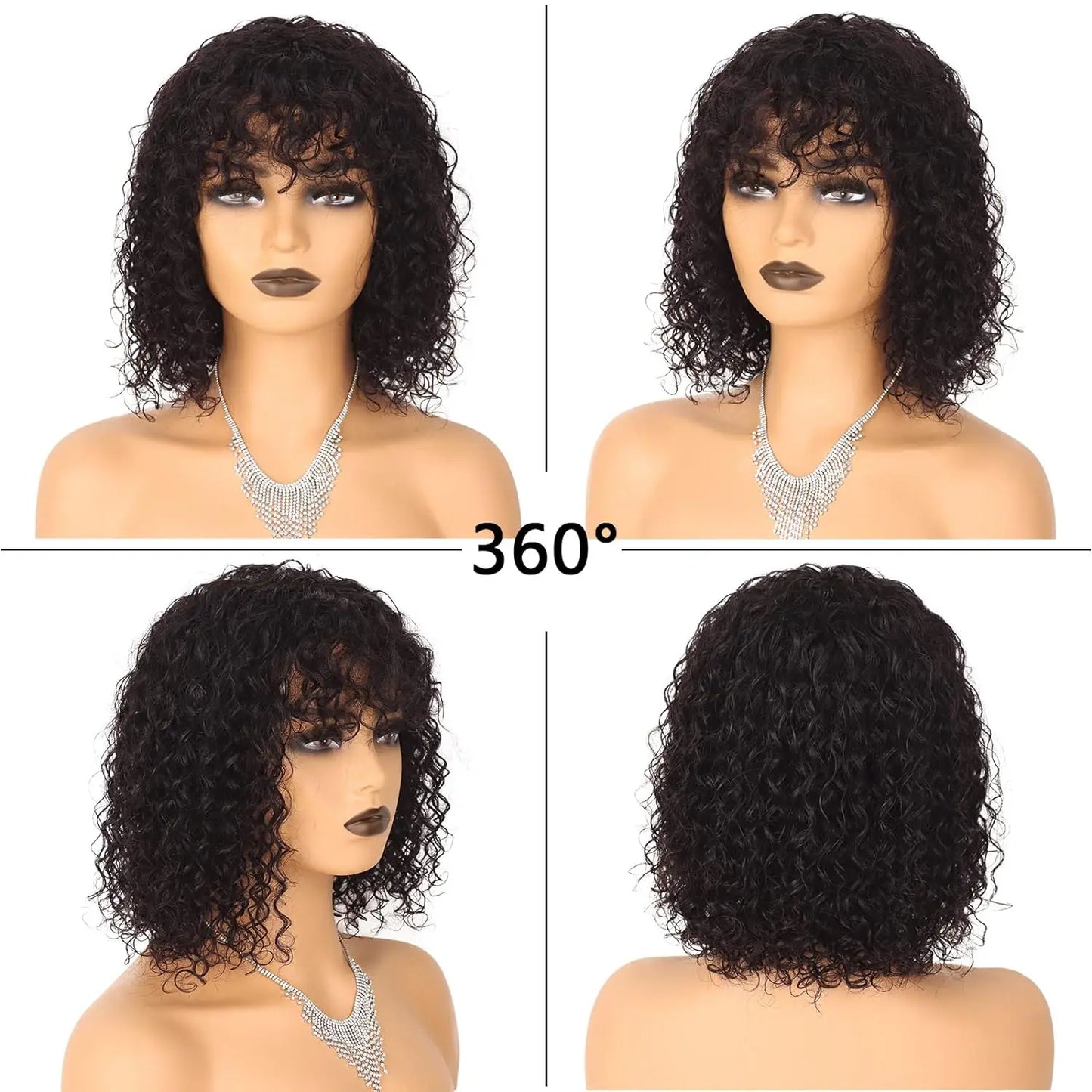 Perruques Bob brésiliennes Jerry Curl avec frange pour femmes noires, superbes perruques Remy noires foncées fabriquées à la machine à bas prix