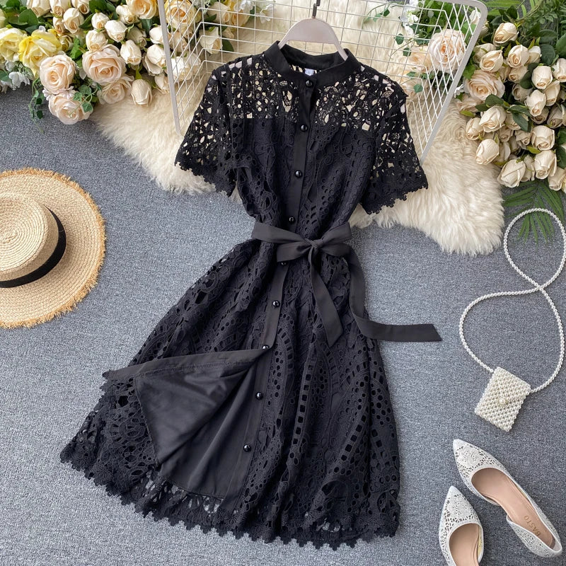 Robe vintage française en dentelle à col rond et manches courtes, style décontracté, à la mode, printemps/été