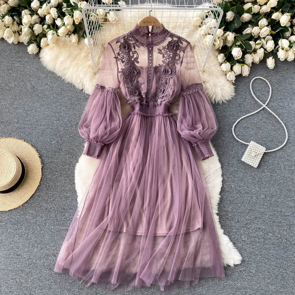 Robe pour femme, motif floral tridimensionnel, col montant, manches lanternes, taille haute, coupe ajustée