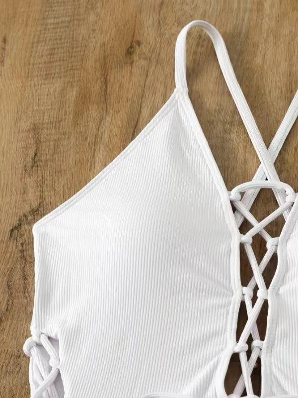 Aoaiiys Maillot de bain dos nu pour femme, monokini ajouré, lacé, string sexy, été 2025, plage, couleur unie, tendance