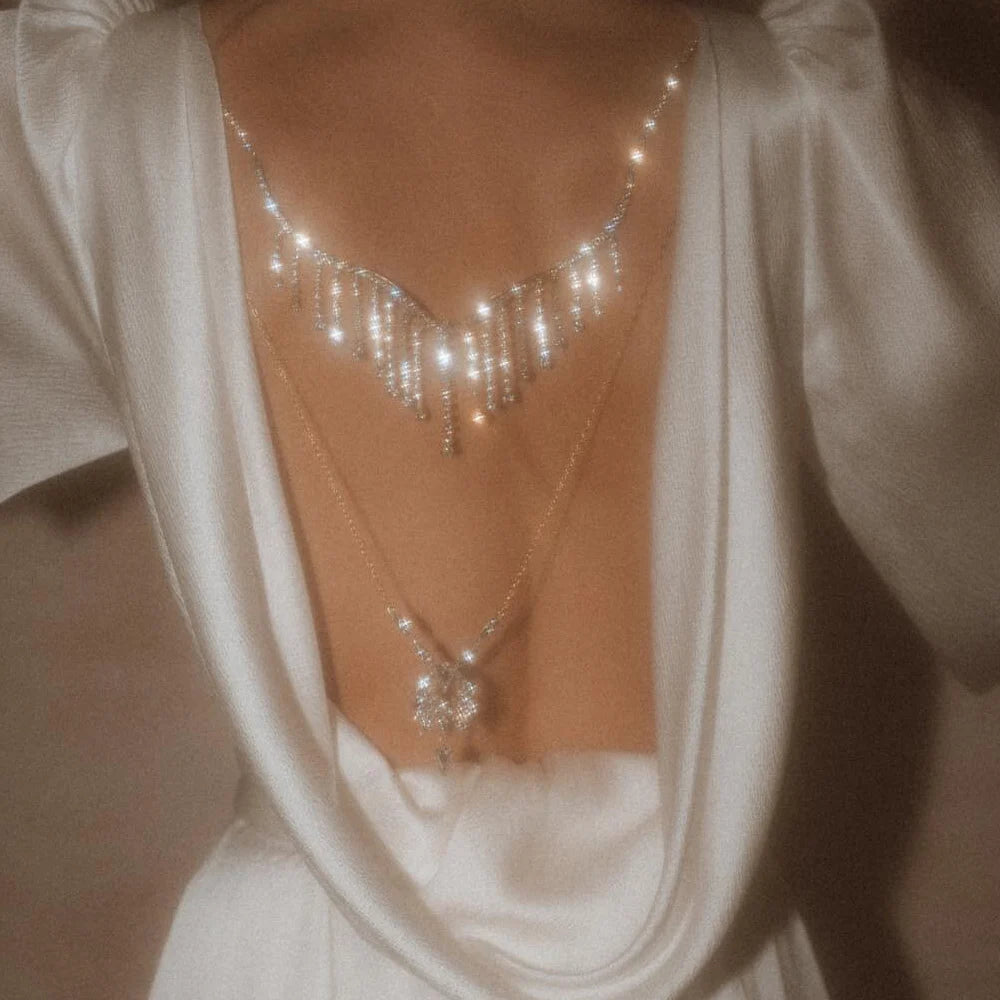 Collier chaîne de dos de mariée géométrique en strass, accessoires de robe, bijoux de corps élégants en forme de Y pour femmes, vêtements de mariage dos nu
