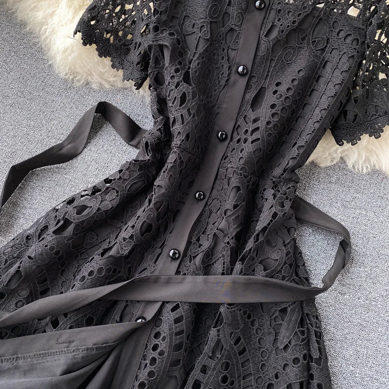 Robe vintage française en dentelle à col rond et manches courtes, style décontracté, à la mode, printemps/été