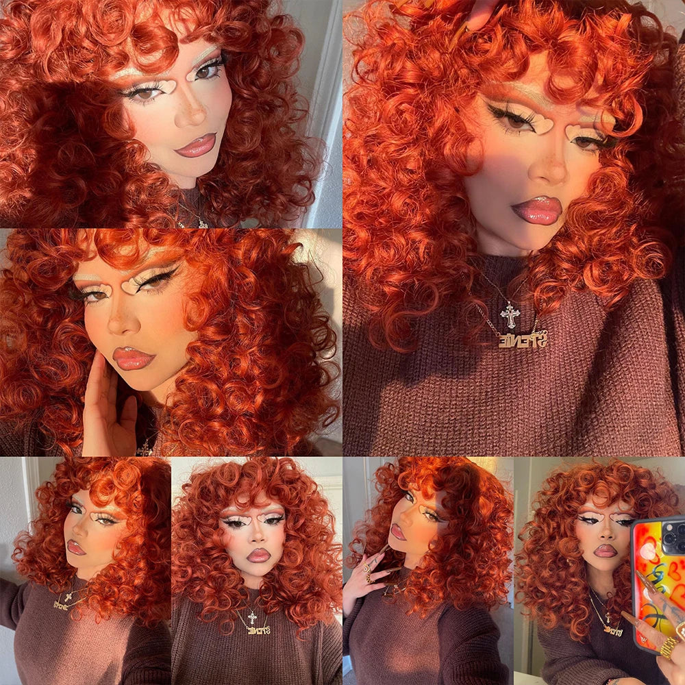 Perruque synthétique longue et bouclée avec frange pour femme, cheveux roux roux, style naturel, résistant à la chaleur, style cosplay, Hihoo