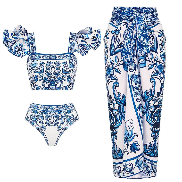 Maillot de bain et paréo imprimé vintage Flaxmaker 2025 pour femmes, élégant, sans manches, pour l'été