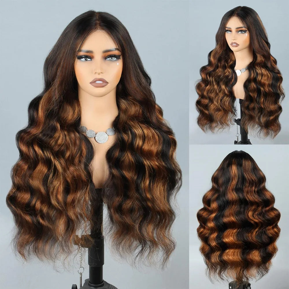 Perruques sans colle 9x6 Wear and Go en cheveux humains pré-épilés, pré-coupés, dentelle frontale 1B/30, mèches ombrées, ondulées