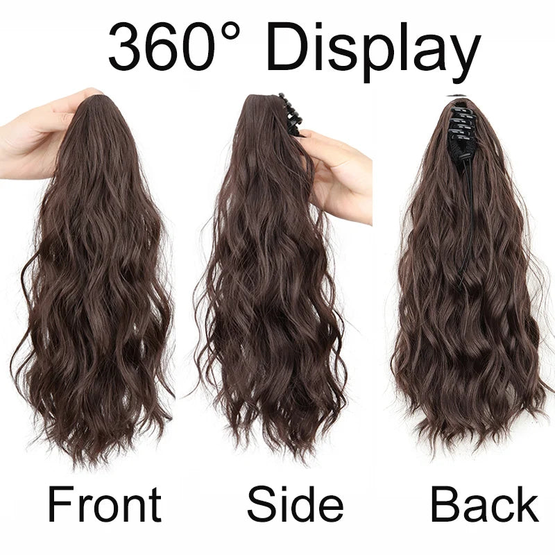 Extension capillaire synthétique courte ondulée de 35 cm, queue de cheval blonde et brune, à clipser, pour femme