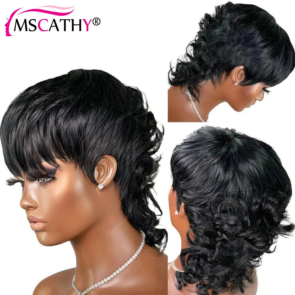 Perruques en cheveux humains ondulés, coupe courte Pixie, sans colle, fabriquées à la machine, avec queue d'aronde, pour femmes