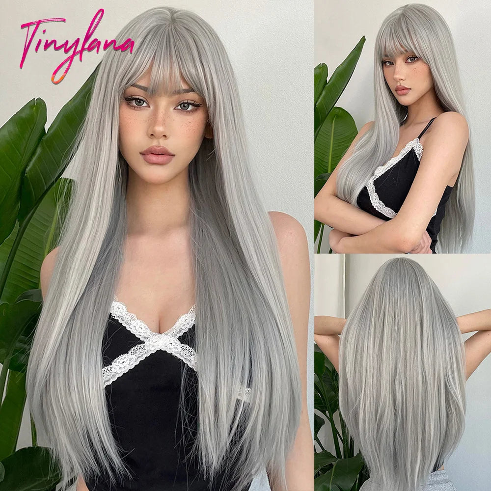 Perruques synthétiques longues bouclées gris cendré platine avec frange pour femmes, perruque afro ondulée profonde, perruque Lolita Cosplay, cheveux naturels résistants à la chaleur