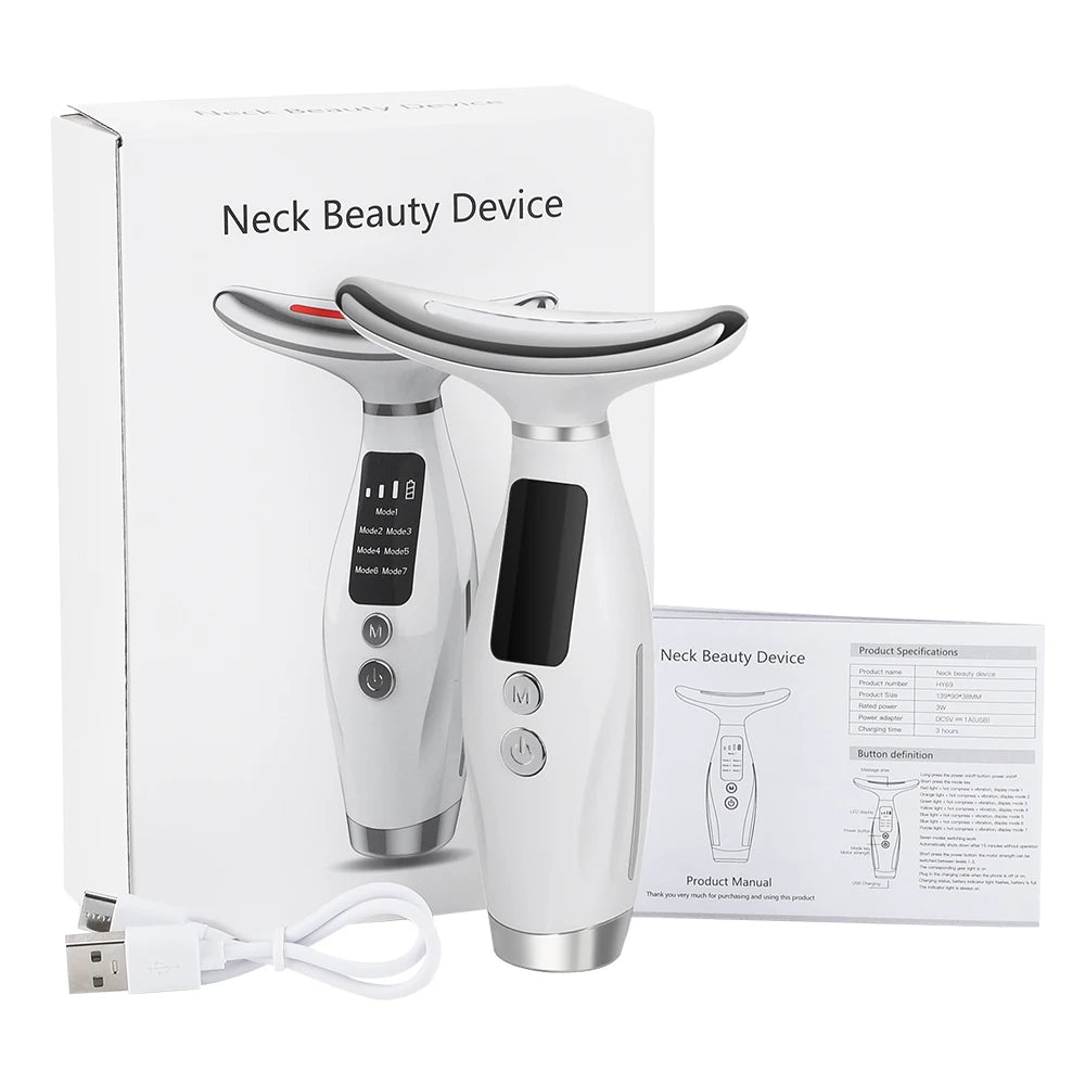 Appareil de beauté pour le cou et le visage, thérapie photonique par LED à 7 couleurs, raffermissement de la peau, réduction du double menton, anti-rides, lifting du visage, massage