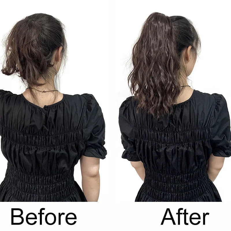 Extension capillaire synthétique courte ondulée de 35 cm, queue de cheval blonde et brune, à clipser, pour femme