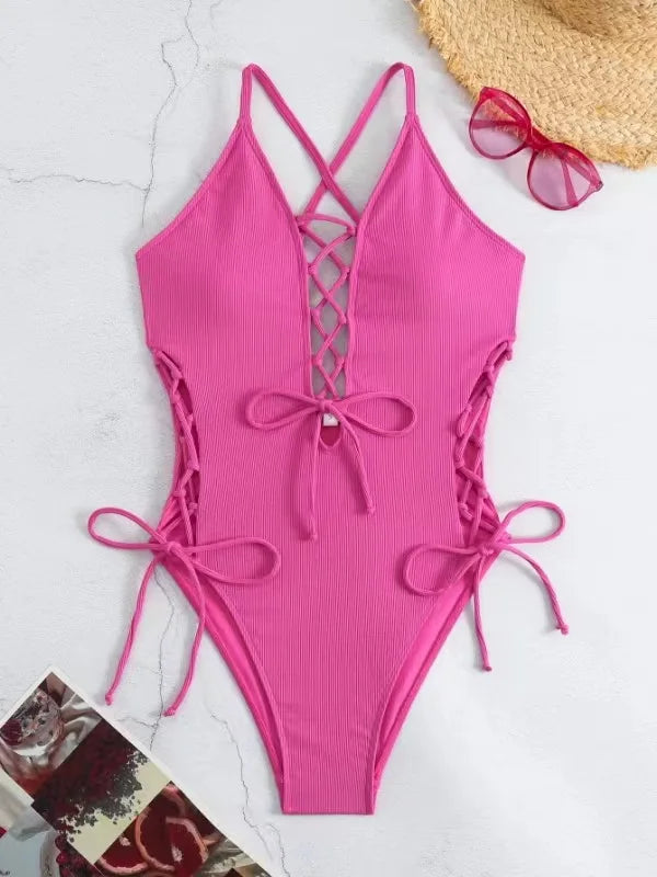 Aoaiiys Maillot de bain dos nu pour femme, monokini ajouré, lacé, string sexy, été 2025, plage, couleur unie, tendance