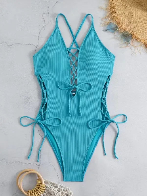 Aoaiiys Maillot de bain dos nu pour femme, monokini ajouré, lacé, string sexy, été 2025, plage, couleur unie, tendance